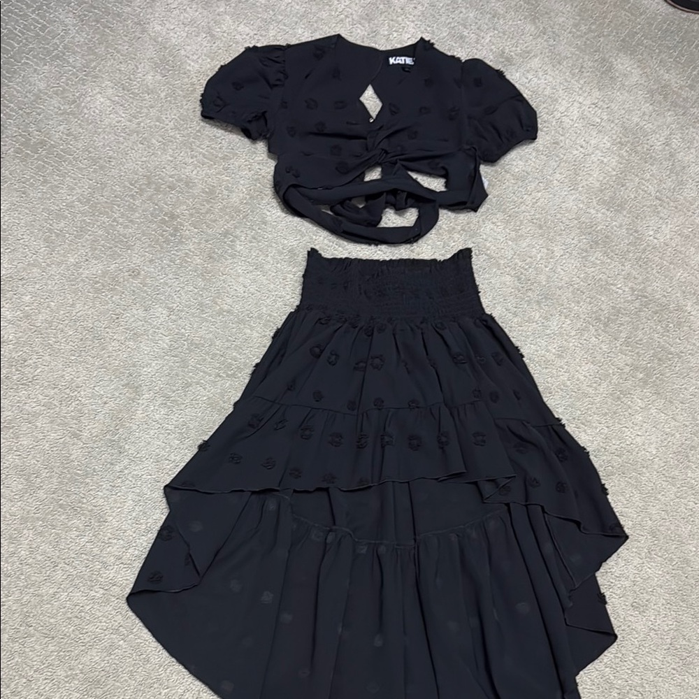 Katie J NYC girls two piece set. Hi- low skirt and cropped top with tie in back.